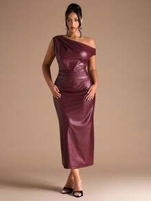 SHEIN BAE Plus Size Women's Burgundy Ruched Asymmetrical Dress /New  Fall Fashion Clothes For Women,Autumn Outfits Women Plus Size ,Wedding Guest Dress Women,Going Out Tops Women,Homecoming Dress - Burgundy - View 9