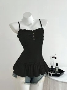 Elamini 女士休闲吊带背心，饰有荷叶边和前褶 - 黑色 - 查看 6