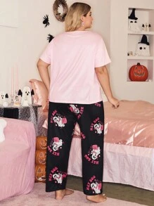 SweetSlumber Plus Size Cute Halloween Ghost "Hey Boo" Print Crew Neck Pajama Set Ghost Pajamas Halloween Pajamas - Multicolor - View 2