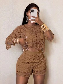 BamGleam Áo kiểu nữ dệt kim bốn mùa, chất liệu ren xuyên thấu, khoét eo gợi cảm, tay loe, kiểu dáng thanh lịch. - Màu Khaki - Xem 5