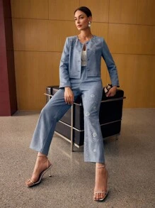 MOTF PREMIUM SUEDE SOLID RHINESTONE DETAIL WIDE LEG SUIT PANTS - Blue - View 1