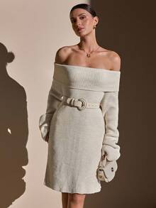 CLARA VERO Langes Pulloverkleid mit Schulterausschnitt und Rippstrick - Oversized Longline Pullover in Beige - Aprikosenfarben - Übersicht 5