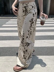 DAZY 女式纹理印花锥形哈伦裤，休闲街头风格牛仔裤 - 白色 - 查看 4