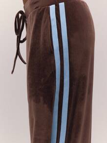 MUSERA 宽腿侧条纹丝绒厚腰带低腰慢跑裤，复古乡村风，可爱田园风，返校休闲家居裤，女士奶油糖色冬季休闲运动裤 - 摩卡棕 - 查看 5
