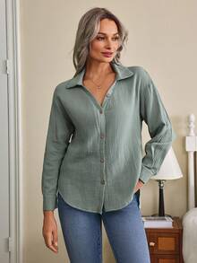Louniche Women's Solid Color Drop Shoulder Long Sleeve Single-Breasted Casual Shirt - Mint Green - View 3
