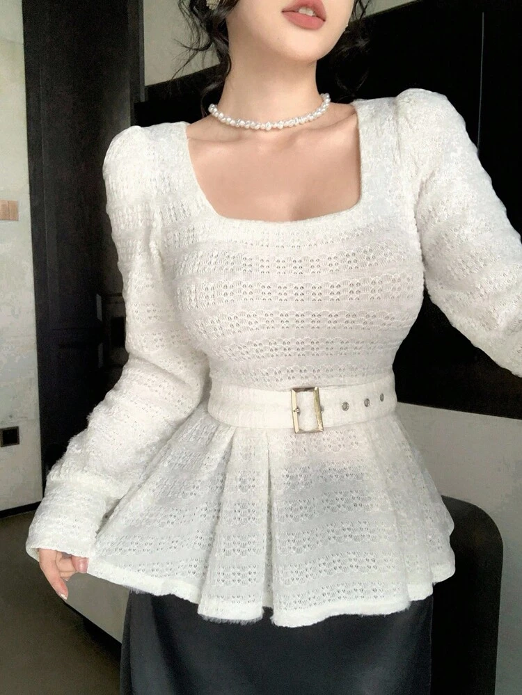 Autumn/Winter Square Collar Belted Ruffle Hem Sexy Elegant Fitted Puff Sleeve Top, Hollow Textured Knit Long Sleeve Women T-Shirt, Suitable For Wedding, Party, Back To School,Fall Women Clothes Cute Tops Babydoll Top