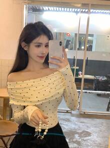 DAZY 女士露肩波点韩版优雅长袖T恤，春秋季 - 杏色 - 查看 6