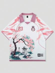 ROMWE MEN Prep 男士 Polo 衫，休闲运动樱花&英文文字图形印花短袖 Polo 衫 - 白色 - 查看 3