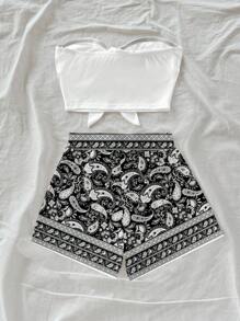 Soleia 2 件套女士休闲度假风格佩斯利波西米亚图案蓝色几何复古印花套装，春假氛围，波西米亚风