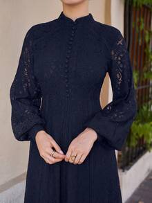 Andrea Bello 优雅春季女式长袖蕾丝酒红色连衣裙长款女装 - 藏蓝色 - 查看 3