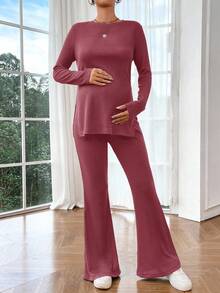 SHEIN Set de top y pantalones casuales de unicolor con abertura lateral para maternidad, 2 piezas - Rosa Fucsia - Ver 3