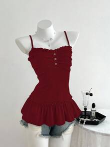 Elamini Women's Casual Camisole Top With Ruffle Trim And Front Pleats