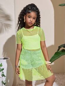 SHEIN 青少年女孩休闲针织网眼圆领短袖罩衫 - 黃色 - 查看 3