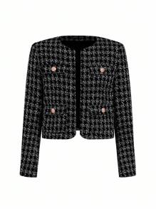 Ellevyn Women's Plaid Long Sleeve Button Design Elegant Overcoat, Women's Winter Coat,Winter Clothes For Women - Black - View 6