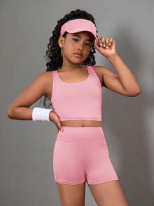 SHEIN Girlism Bộ 3 món áo thun dài tay cổ khóa kéo, áo vest và quần legging cho bé gái tuổi teen - Trang phục thể thao - Hồng - Xem 6