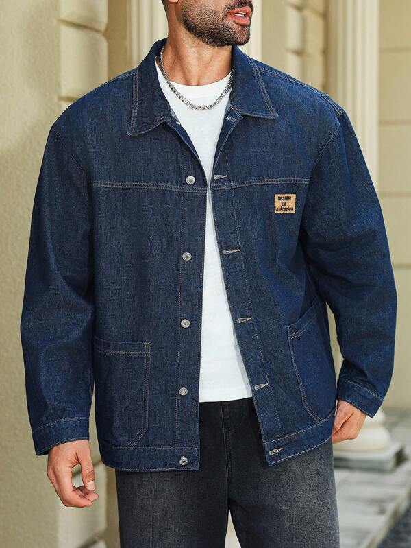 Manfinity Homme Men's Plus Size Dark Blue Vintage Hong Kong Style Embroidered Washed Loose Denim Jacket Suitable For Husbands And Boyfriends, Fall