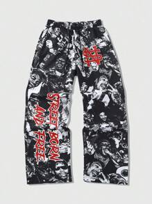 ROMWE MEN Street Life Herren Lässig Hose mit Slogan Aufdruck, geeignet für Frühling/Sommer - Schwarz - Übersicht 4