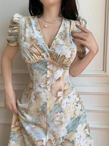 Modelyn 女士十字领、珍珠纽扣装饰和泡泡袖修身连衣裙 - 彩色 - 查看 5