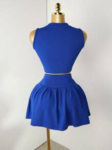 Mistrie 2pcs Women's Casual Solid Color Tank Top & Pleated Mini Skirt Set, Summer - Royal Blue - View 2