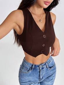 SHEIN PETITE Summer Tank TopsSolid Button Front Crop Waistcoat Chocolate Brown Top In Fall/Winter