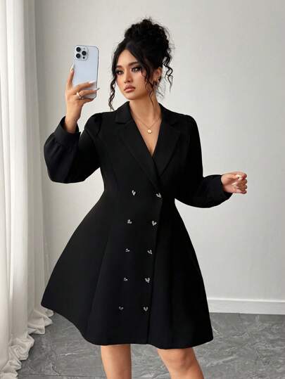 Elenzga Plus Size Women's Elegant Long Sleeve Double-Breasted Blazer Collar Dress Fall Cloth For Women