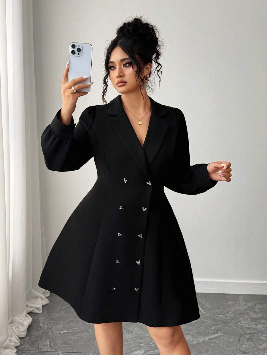 Elenzga 大码女式优雅长袖双排扣西装领连衣裙 - 黑色 - 查看 1