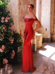 Glamrae Elegant Luxurious Burgundy Off Shoulder Sleeve Beaded Sequin Patchwork Elastic Satin Ruched Sexy Mermaid Dress With Train, Suitable For Weddings, Parties, Graduations, Galas, Formal Events (Heavy-Duty) - Burgundy - View 4