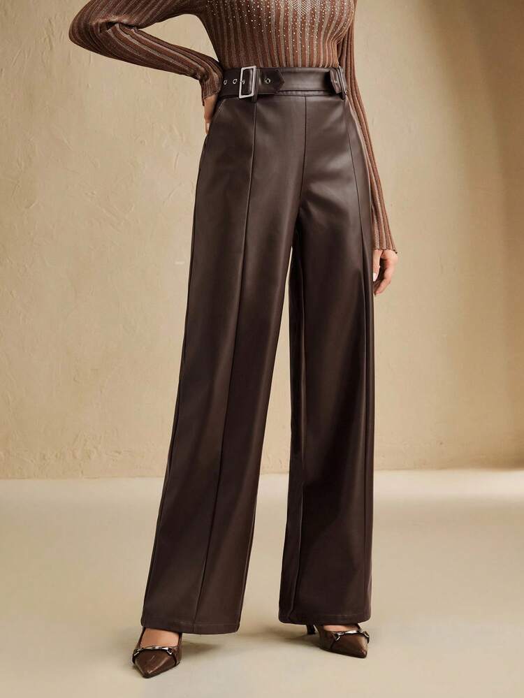 Anewsta Women's Brown Belted Slim Fit Faux Leather Straight Leg Pants, Suitable For Spring To Summer