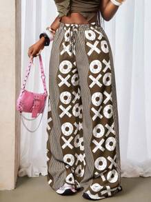 SHEIN BamGlam 女士系带腰条纹阔腿宽松休闲裤 - 棕色 - 查看 7