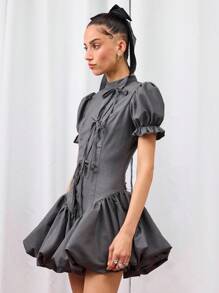COUREZ 短袖泡泡迷你连衣裙，正面蝴蝶结装饰 / Y2K 迷你连衣裙 可爱秋季女装 秋季外出穿搭 外出礼服 婚礼宾客礼服 约会之夜装扮 女士优雅 - 深灰色 - 查看 5