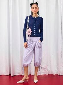 COUREZ Quần lửng cạp thấp có túi phía trước / Phong cách Y2K Thu Đông dành cho nữ, quần cargo nữ thường ngày dễ thương. - Màu tím - Xem 2