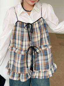 Dazy Plus Plaid Patchwork Bowknot Loose Casual Layered Plus Size Women Camisole And Tank Top - Multicolor - View 6