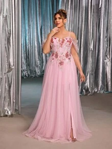 Glamrae 大码夏季优雅浪漫奢华粉色网眼缀饰露肩泡泡袖网眼裙，适合晚会、单身派对、约会、度假、舞会、婚礼、正式场合（重刺绣） - 粉色 - 查看 7