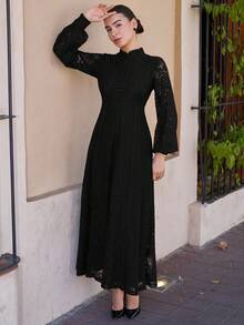 Andrea Bello Vestido largo de manga larga con decoración de botones y encaje en unicolor para mujer - Negro - Ver 4