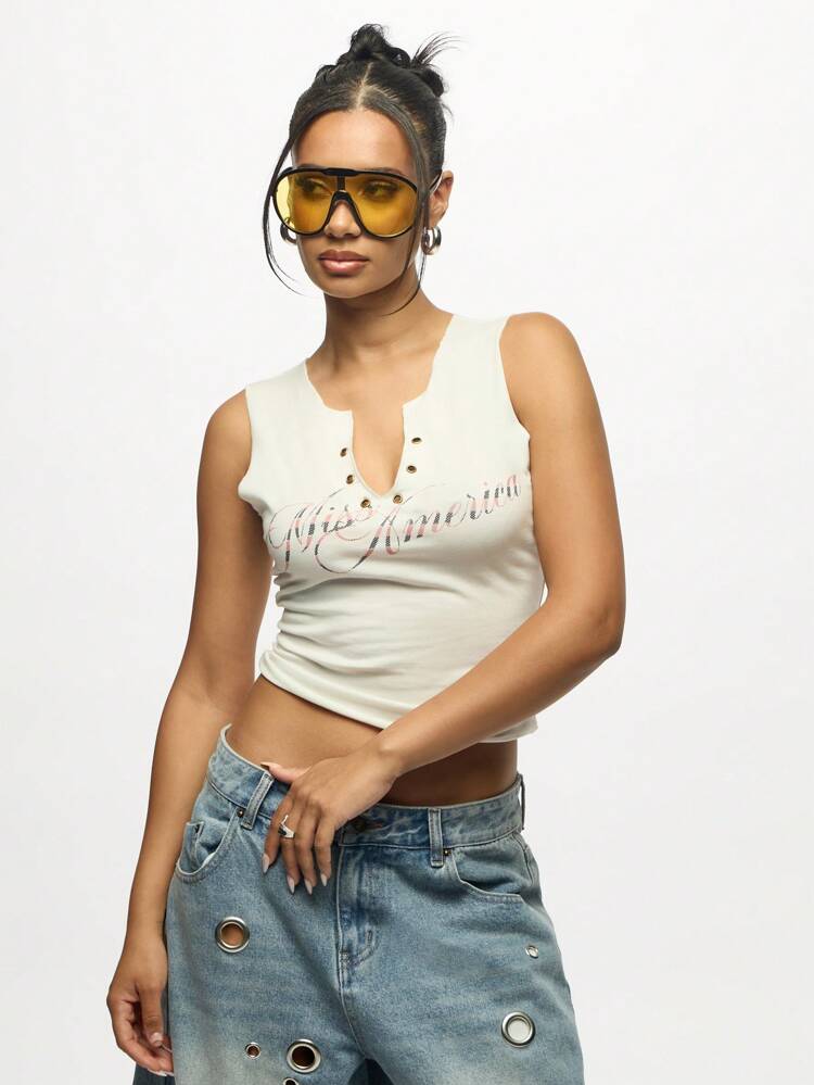 SUMWON WOMEN Vintage Style Tank Top Sleeveless Crop Summer Festival Y2K Aesthetic American River Graphic Design Casual Streetwear Grunge Fashion