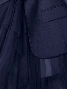 EMERY ROSE 女士纯色翻领短袖腰部扣设计网眼不对称下摆优雅夹克 - 藏蓝色 - 查看 6