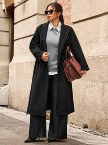 Easura 大码女式复古优雅翻领羊毛混纺长款大衣，适合通勤，秋冬季