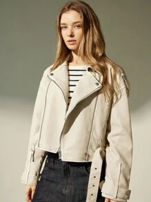Aveloria Modichic 新款时尚休闲别致简约高端拉链领夹克，PU 皮革摩托车设计 - 米色 - 查看 3