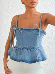 EURMUSE WOMEN RIBBON STRAPPY SHIRRED DENIM TOP - Light Wash - View 5
