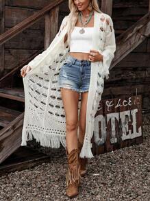 LanaWest Enfärgad, ihålig tofs, bohemisk lång kofta för kvinnor - Vitt - Visa 4