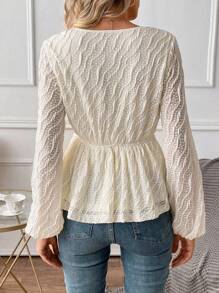 SHEIN Clasi Top Peplum de Cor Sólida Semitransparente com Textura e Decote em V, Estilo Casual de Férias, Primavera/Verão/Outono