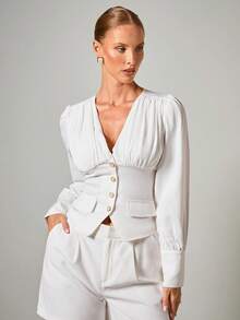 COSMINA Elegancka koszula damska z marszczeniami w talii, jesień/zima, biała, elegancka bluzka damska - Biały - Zobacz 1