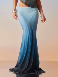 Hauture Falda larga de malla de verano con degradado azul ombré para fiestas y vacaciones sexy - Azul - Ver 5
