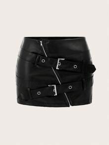 SHEIN ICON Y2k 黑色 PU 迷你裙，斜拉链，配腰带 - 黑色 - 查看 2