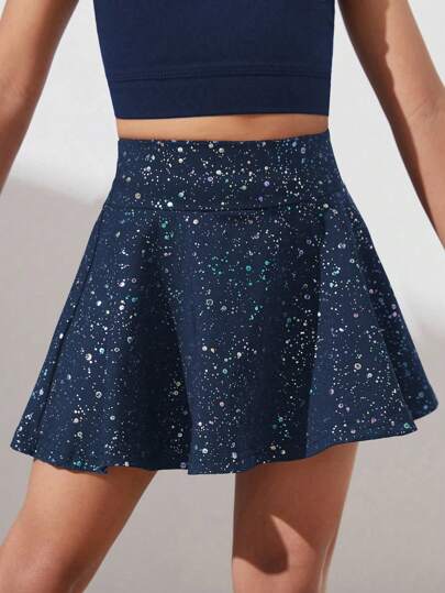 SHEIN Young Girls Activewear Navy Blue Star Print Elastic Comfortable Breathable Dance/Yoga Skirt