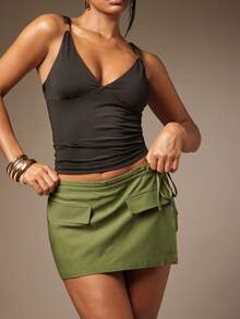 Hauture Sexy Summer Casual Solid Flap Detail Overlay Panel Skort - Army Green - View 3