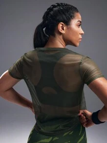 Powerista Sheer Workout Top,Ladies Mesh Workout Top Gym Women Shirts - Olive Green - View 2