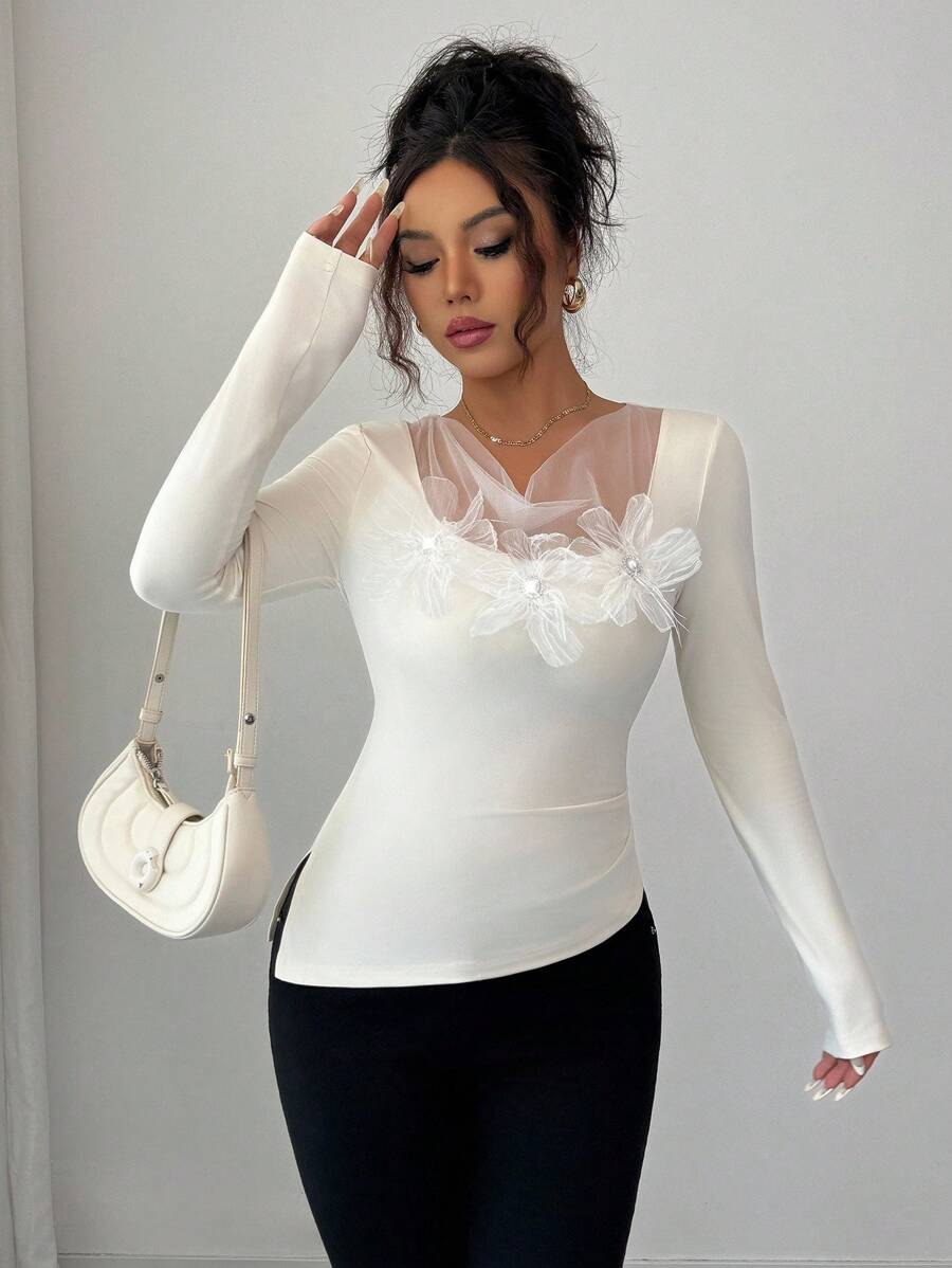 Elenzga Áo thun nữ cổ tròn tay dài màu trắng họa tiết hoa lưới lãng mạn, thanh lịch cho những buổi hẹn hò và đi chơi, vải mặc mùa thu cho nữ - Màu be - Xem 1