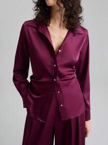 Ontre Modern Urban Style, Minimalist Comfort Design, Deep Wine Red Women's Shirt, Lapel Collar, Long Sleeve, Shell Buttons, Structured Design, Everyday Wear, Commuter Wear, Casual Wear, Business Casual Attire, 2025 New Collection, Early Autumn Modern Urban Casual Fashion Business Casual Women's Office Wear Low-Key Old Money Style Effortless Temperament High-End Urban Commuting High-Quality Airport Women's Wear High-End Material