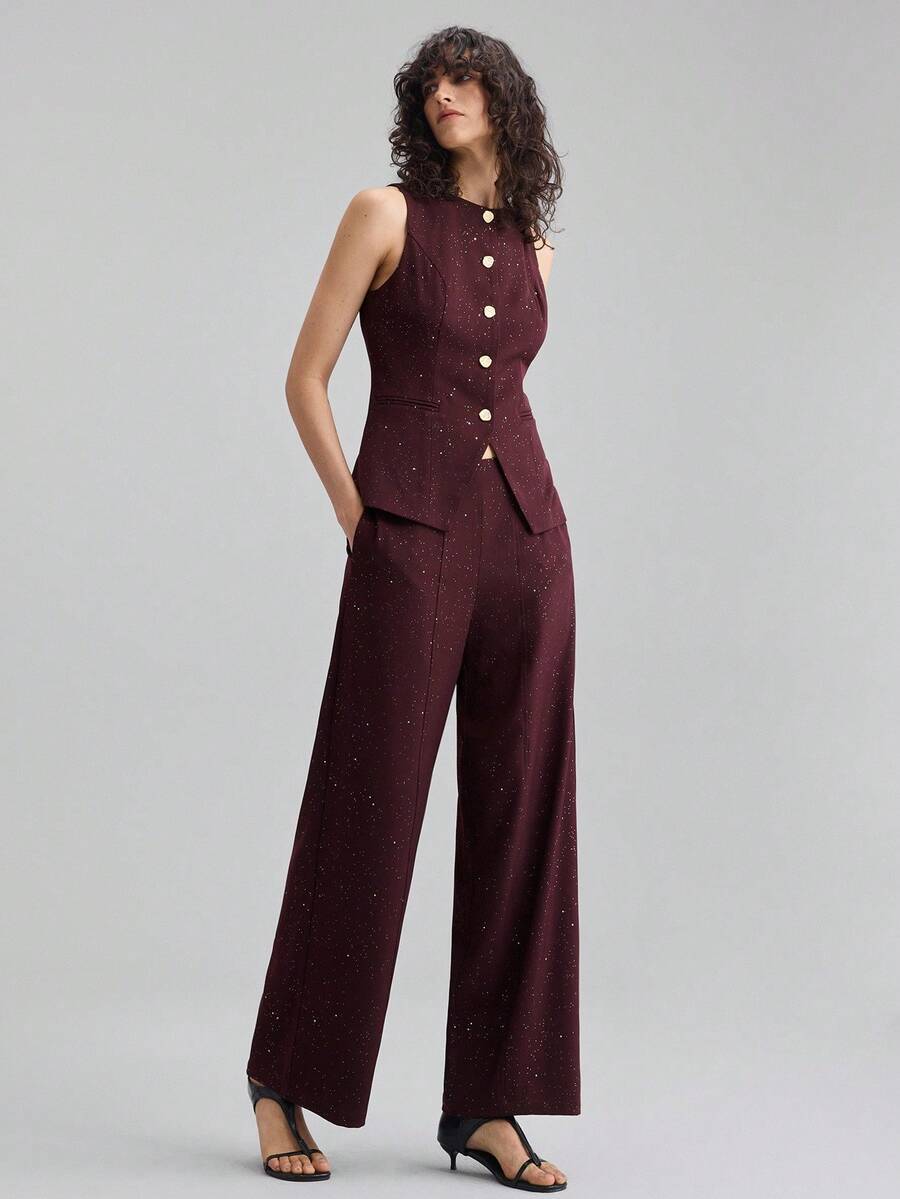 Ontre 2 件套女士西装套装，无袖背心和裤子，紫红色闪亮面料，圆领，收腰，现代都市风格，商务休闲，办公室通勤，日常穿着，秋季，2025 年新款 - 中紫紅色 - 查看 1